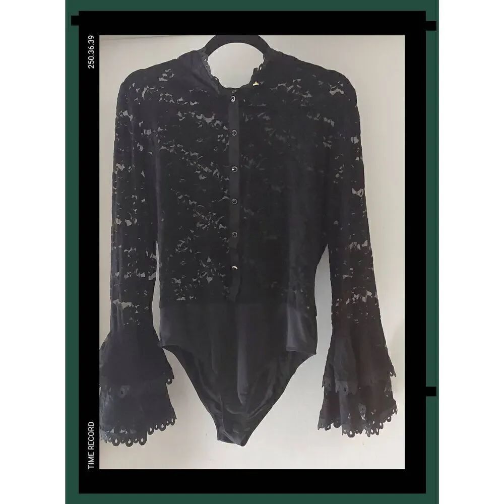 NWT~CQ by CQ Black Lace Ruffle Accent BodySuit Size Large